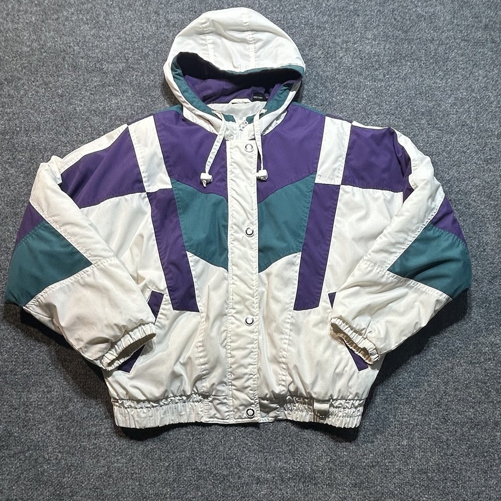 Vintage Andy Johns Jacket Womens Medium White Purple Green Nylon Windbreaker 90s